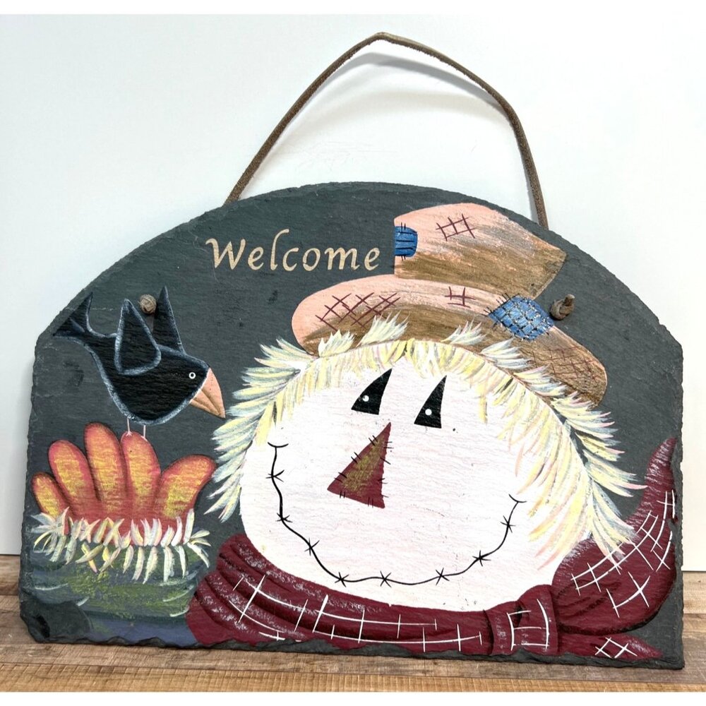 Hand-Painted Slate Autumn Welcome Sign With Scarecrow & Bird Design